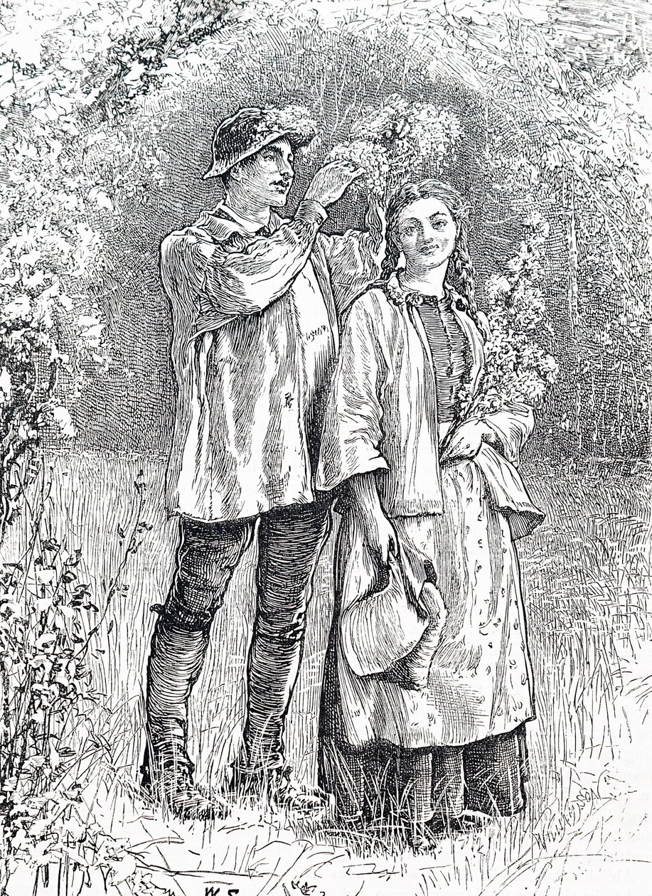Majdrottningens kröning med en krans av hagtorn av sin älskling. Av William Small (1843-1929), en engelsk illustratör av William Small