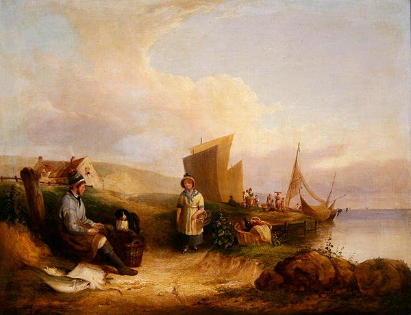 Kustscen med fiskare (olja på duk) av William Snr. Shayer