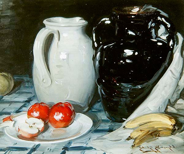 Stilleben med äpplen och bananer och en stor kanna och vas (olja ombord) av William Somerville Shanks