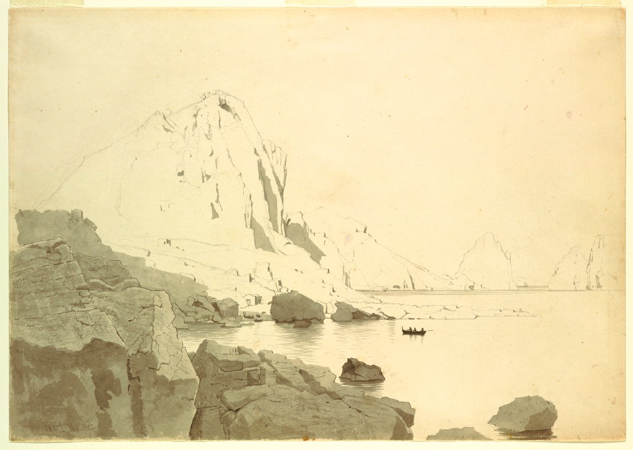 Teckning, Vy över Capri, Italien, med den södra kusten och Faraglione, ca 1865 av William Stanley Haseltine