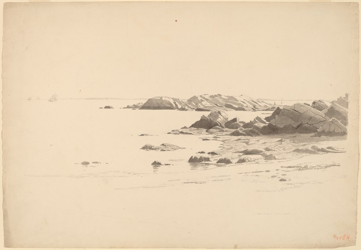 Stenkantad strand med avlägsna båtar av William Stanley Haseltine