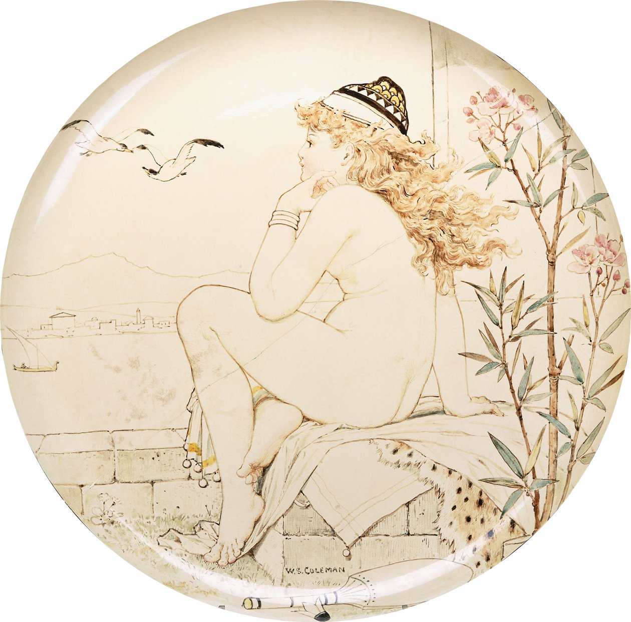 En Minton Art Pottery Studio-laddare, målad med en naken som stirrar ut mot havet, 1800-talet av William Stephen Coleman