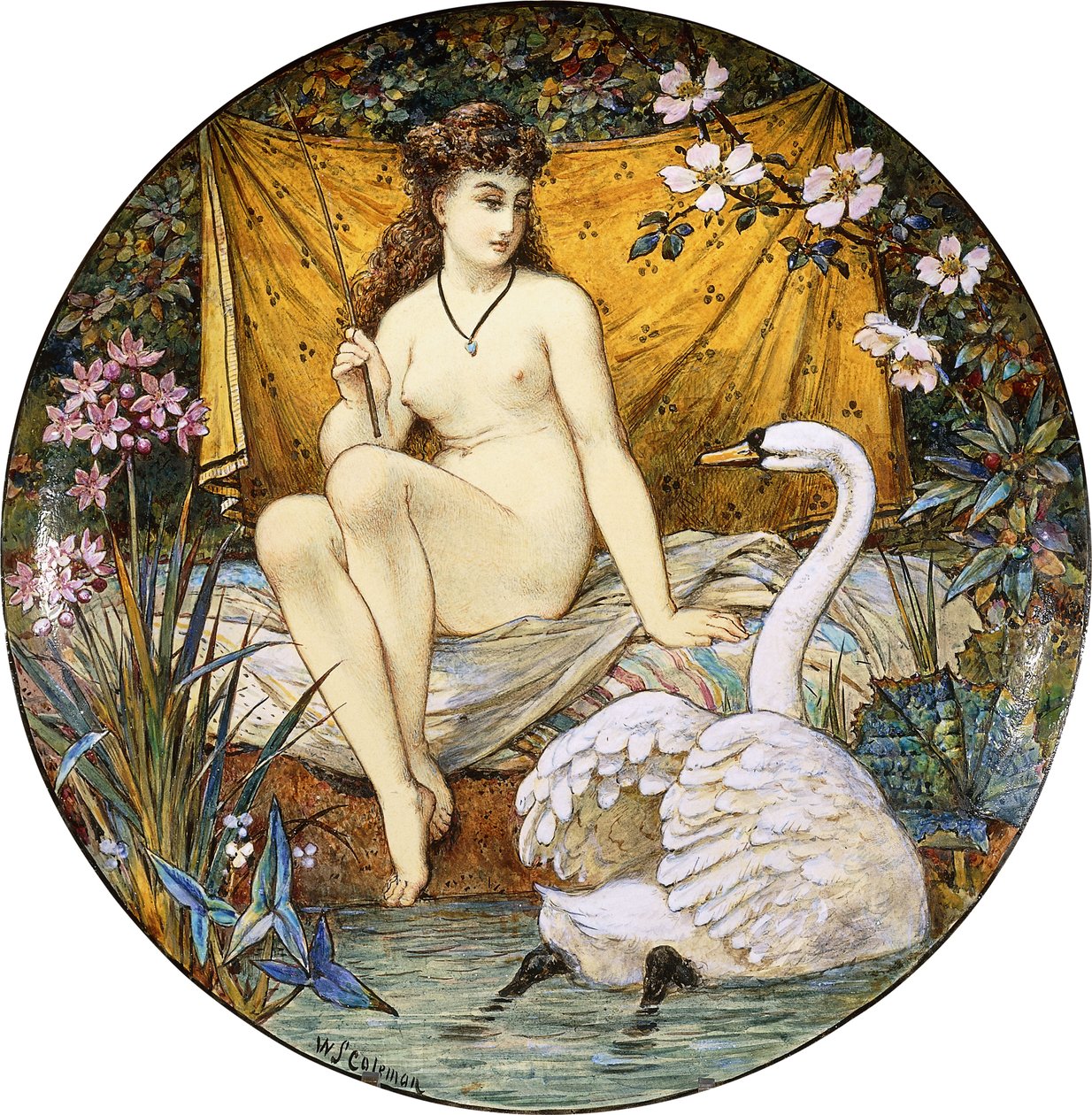 En Minton lergods stor tazza, föreställande Leda och svanen, av William Stephen Coleman