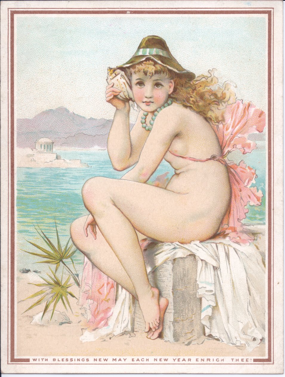 Viktorianskt nyårskort av en badande skönhet på en strand som håller ett skal mot örat, ca 1881 av William Stephen Coleman