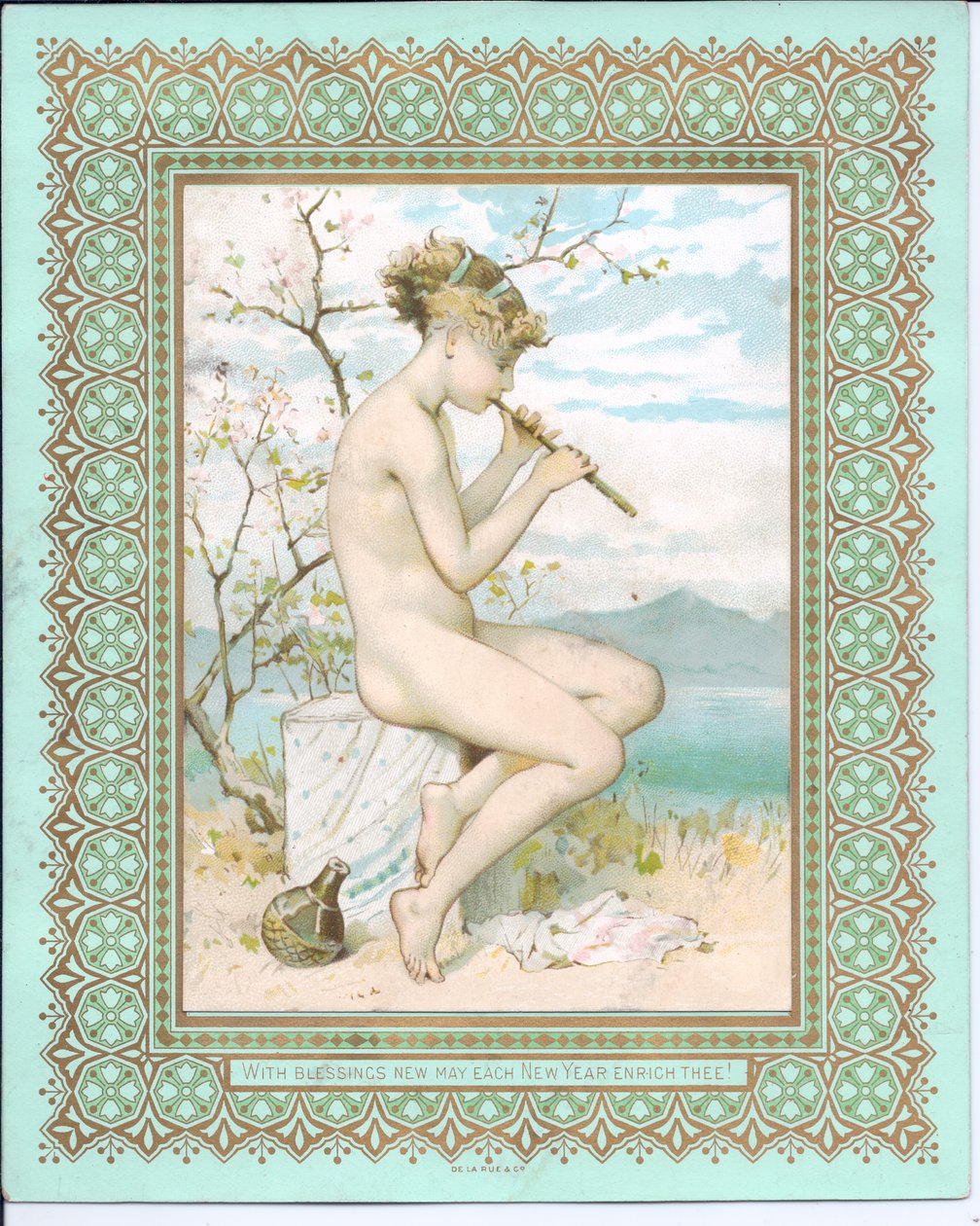 Viktorianskt nyårskort av en badande skönhet på en strand som spelar en flöjt, c.1881 av William Stephen Coleman