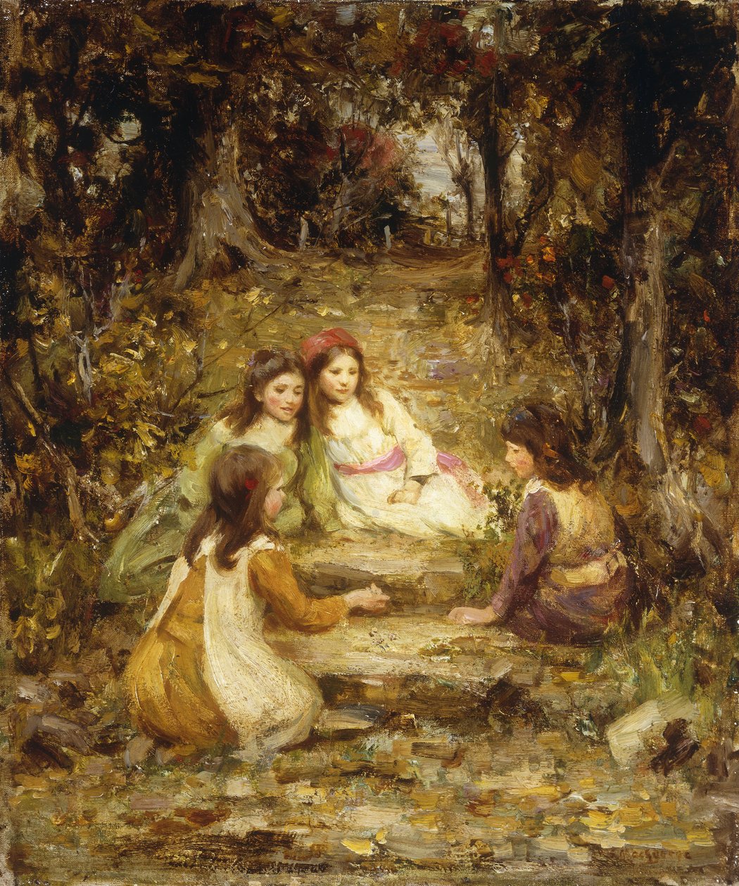 Barn i en fruktträdgård (olja på duk) av William Stewart MacGeorge