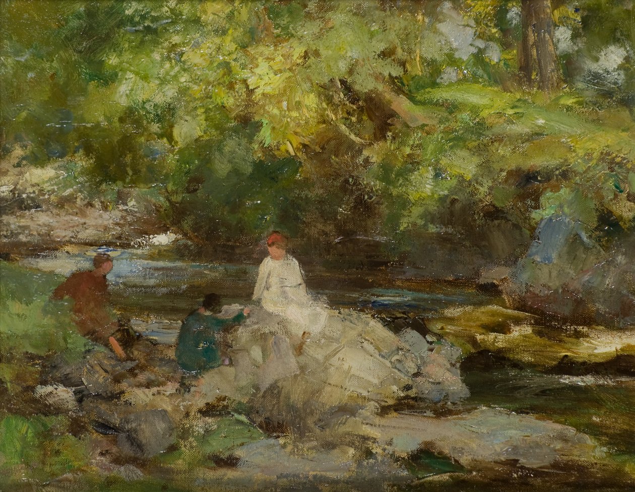 Tre figurer vid en flod (olja på duk) av William Stewart MacGeorge