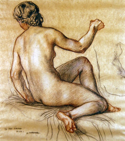 Studie av en kvinnlig naken sittande bakifrån, ca 1890 (kol, röd och vit krita på papper) av William Strang