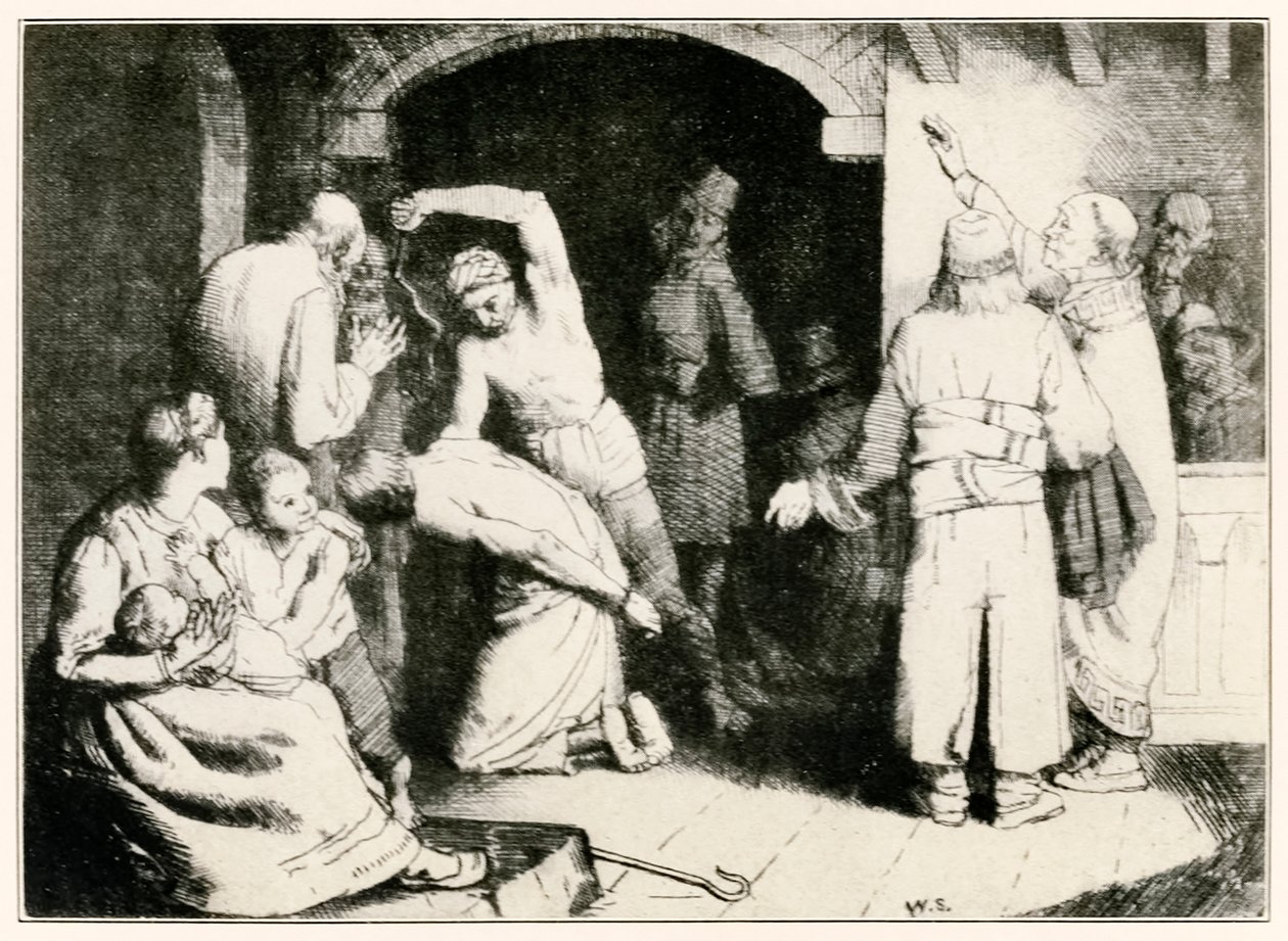 De trognas gissling från pilgrimernas framsteg från denna värld, till det som ska komma av John Bunyan (1628-1688) illustration av William Strang (1859-1921) Trogen torteras efter sin tria av William Strang