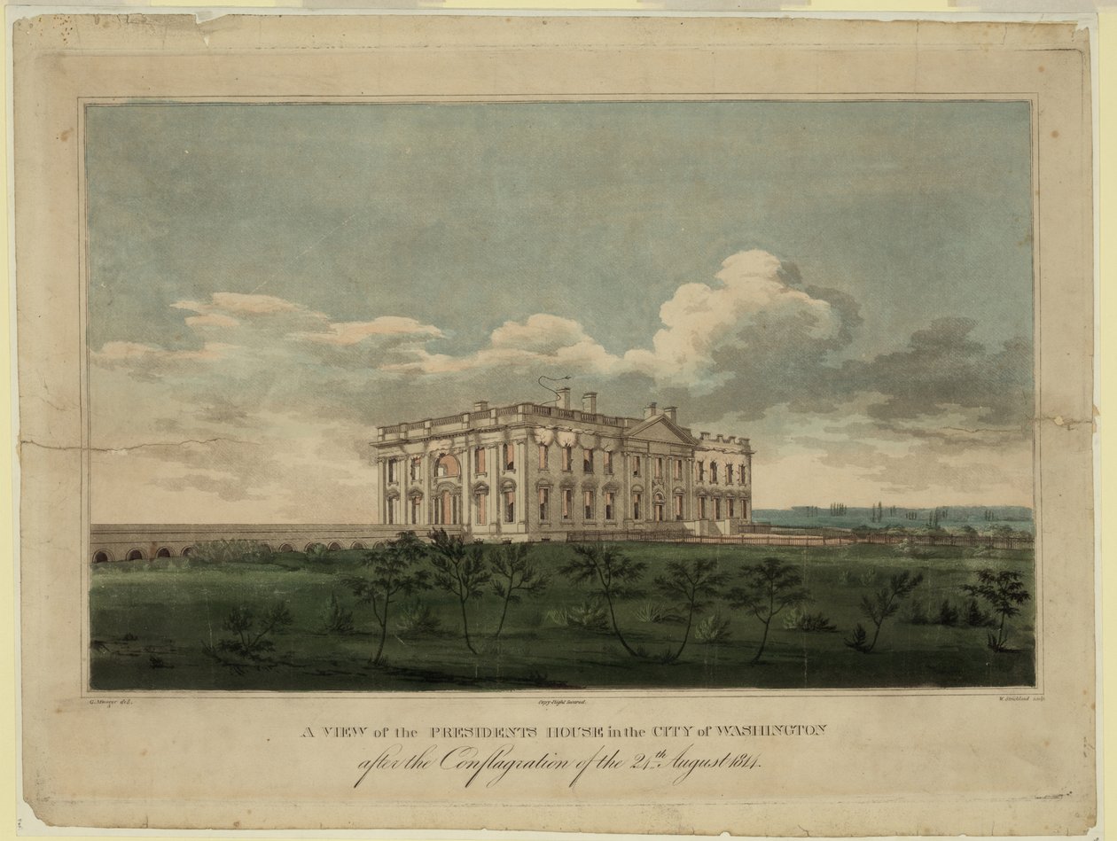 Utsikt över Vita huset i staden Washington efter eldsvådan den 24 augusti 1814, 1 av William Strickland