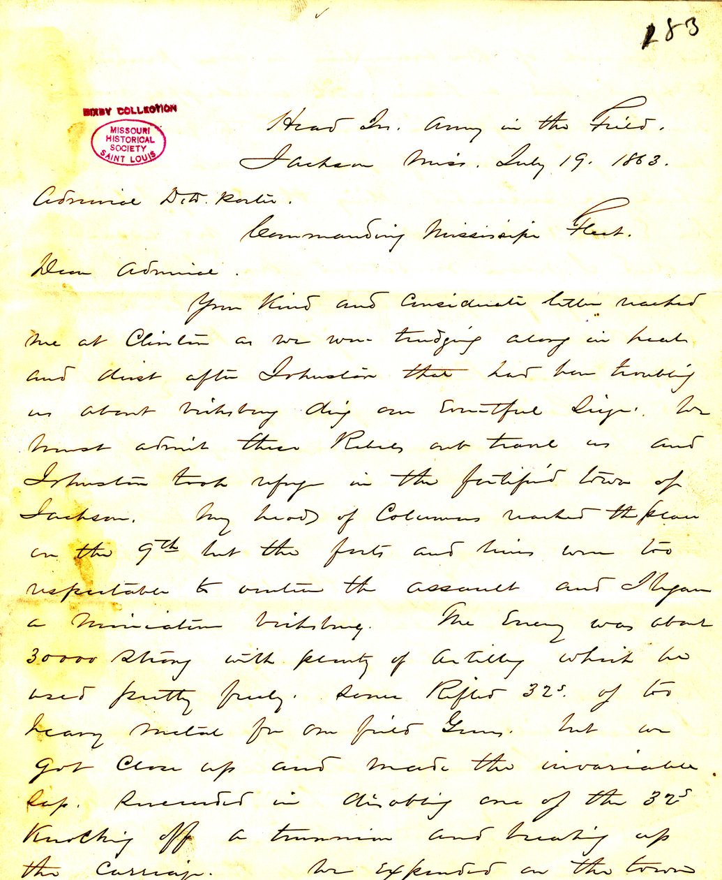 Letter from W. T. Sherman, headquarters, Army in the Field, Jackson, Mississippi, to [David D.] Porter, July 19, 1863 av William T. Sherman