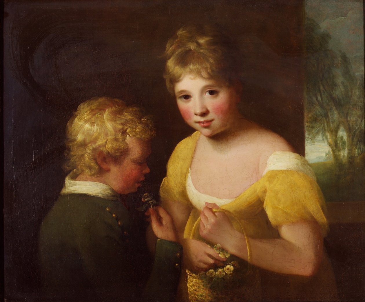 Två barn med en korg med blommor (olja på duk) av William Tate