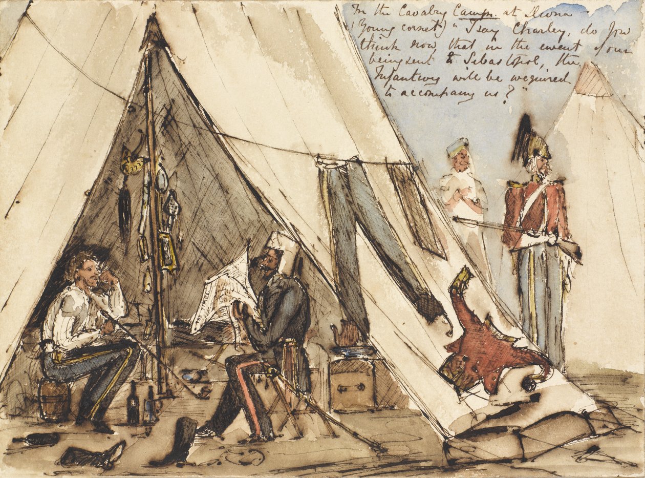 I kavallerilägret i Devna (ung kornett) ?Jag säger Charley, tror du nu att i händelse av att vi skickas till Sebastopol, kommer infanteriet att behöva följa med oss?, ca 1854 (penna & bläck och wc) av William Thomas Markham