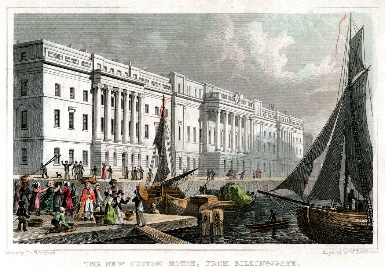 Det nya Custom House, från Billingsgate, City of London, c1830. av William Tombleson