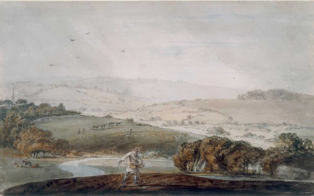 En bonde som sår, en floddal och böljande kullar bortom av Joseph Mallord William Turner