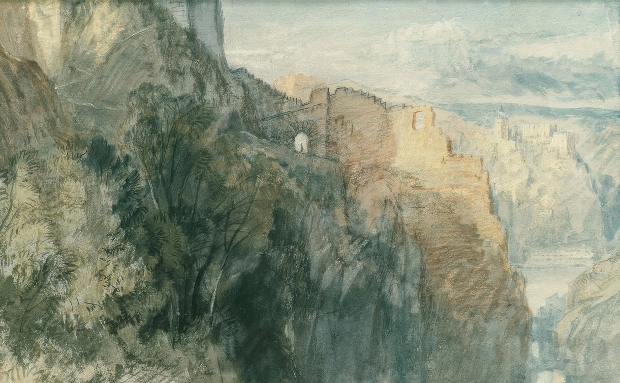 Katz slott med utsikt över Rheinfels slott av Joseph Mallord William Turner