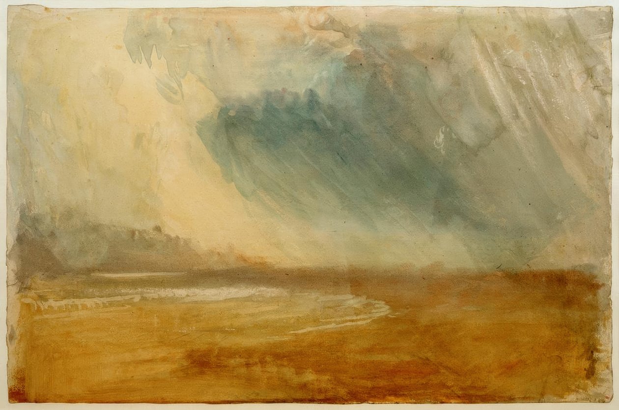 Regnmoln sveper över en strand: möjligen nära Dunstanburgh Castle av Joseph Mallord William Turner