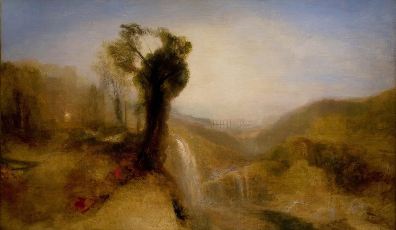 Södra landskap med en akvedukt och vattenfall av Joseph Mallord William Turner