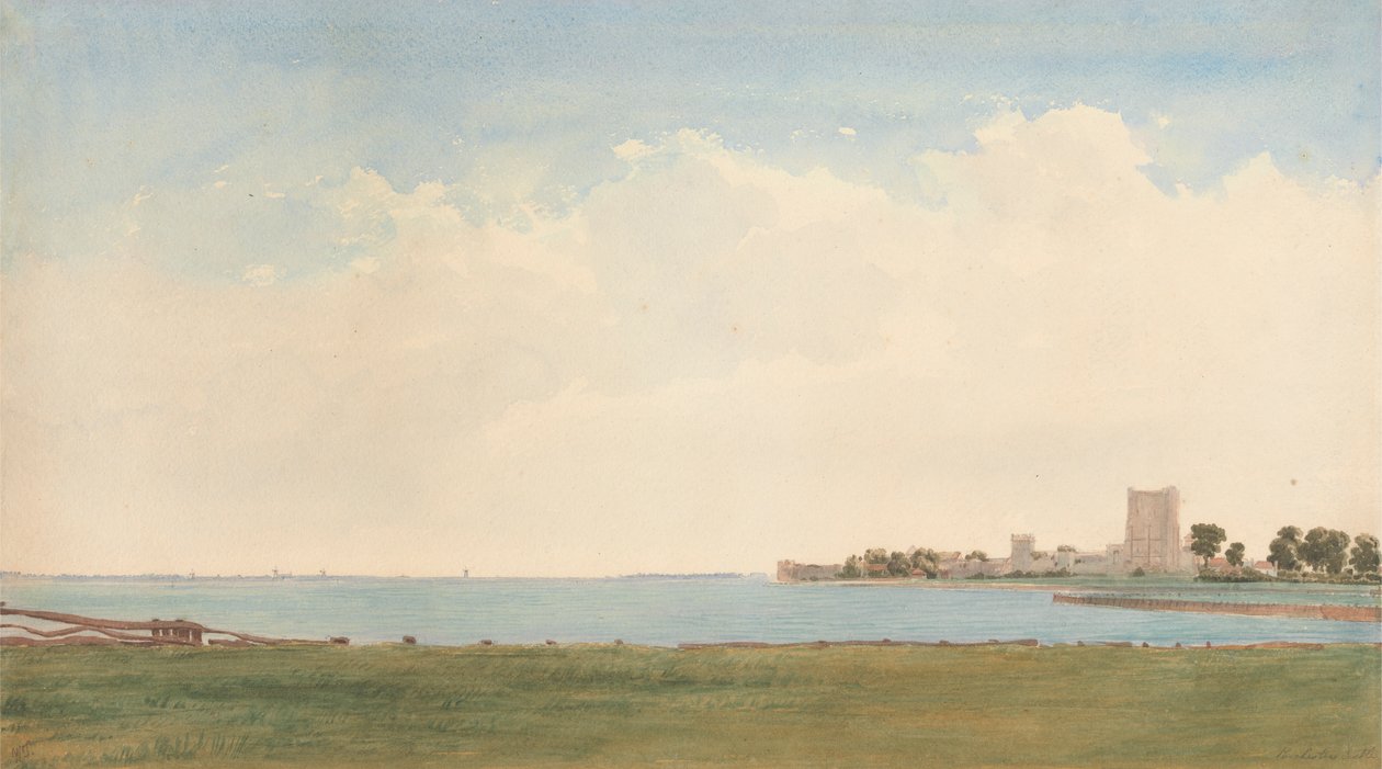 Portchester Castle: En vy från Portchester Village med utsikt över vattnet till Portsmouth av William Turner of Oxford