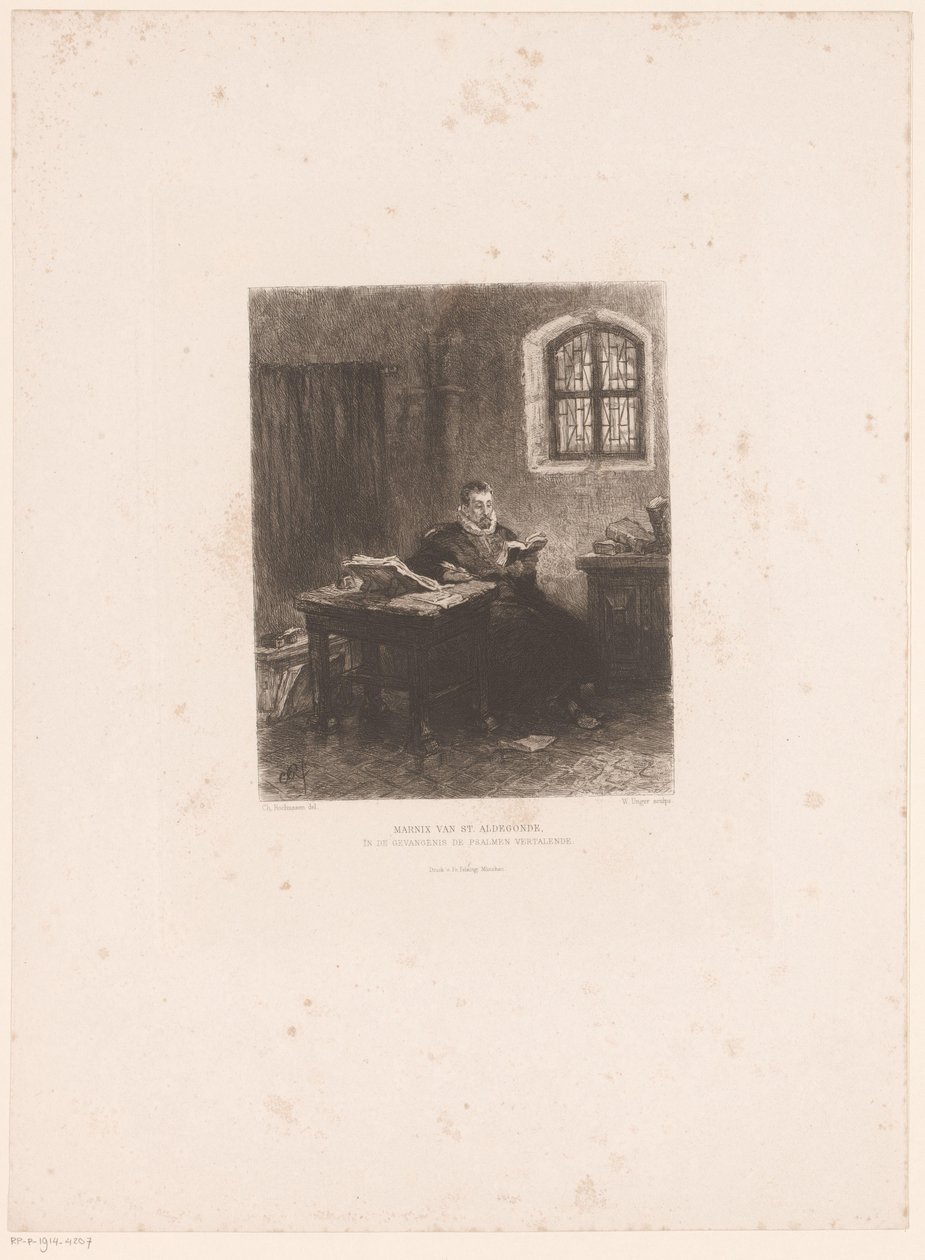 Philip van Marnix van Sint-Aldegonde i fängelse Marnix van St. Aldegonde, översätter psalmerna i fängelset (titel på objekt) av William Unger