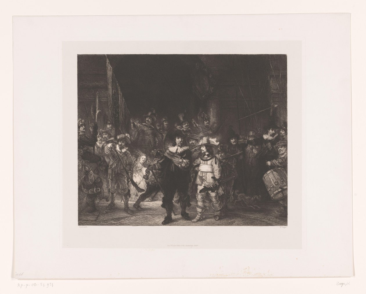 nattvakt Officerare och andra beväpnade män från distrikt II i Amsterdam ledda av kapten Frans Banninck Cocq och löjtnant Willem van Ruytenburch, känd som "Nattvakten" av William Unger