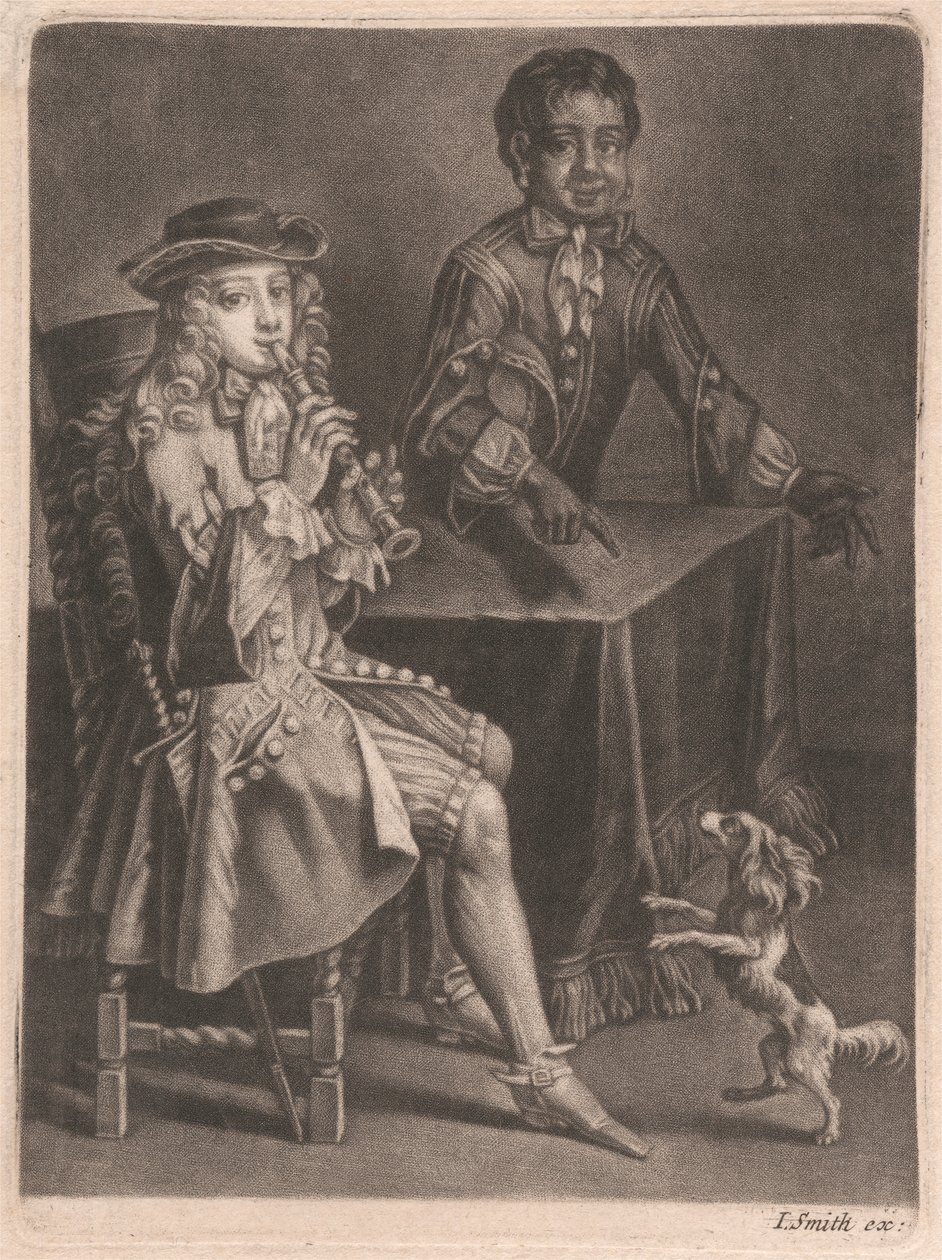 Två unga män, en spelar blockflöjt, den andre pekar på en dansande hund av William Vincent