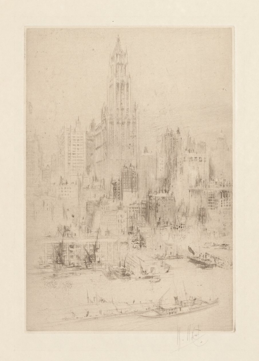 Downtown Manhattan från East River, med Woolworth Building av William Walcot
