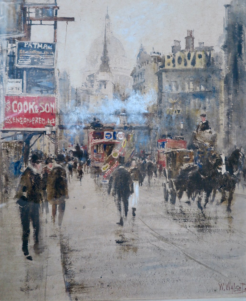 Fleet Street och Ludgate Hill-viadukten med rök från ett passerande tåg, ca 1910 (akvarell) av William Walcott