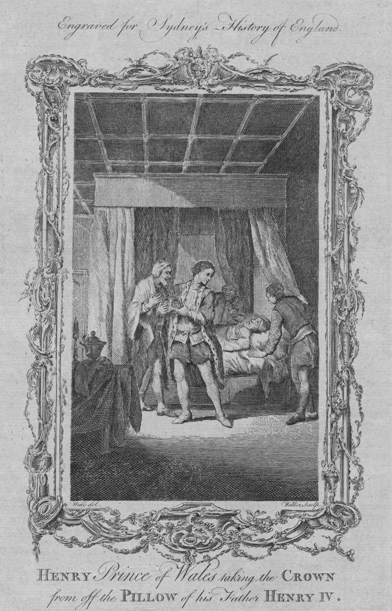 Henry Prince of Wales tar kronan från kudden på denna far Henrik IV, 1773. av William Walker