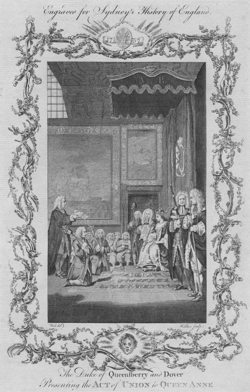 Hertigen av Queensberry och Dover presenterade unionsakten för drottning Anne, 1773. av William Walker