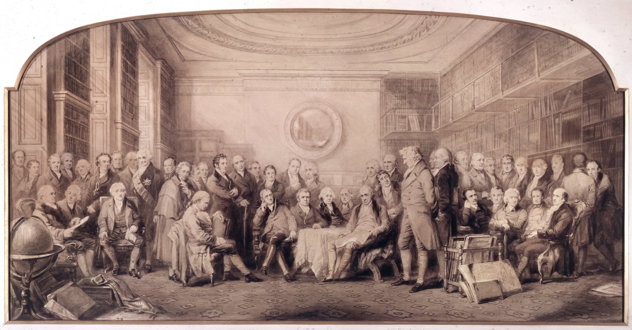 Vetenskapens framstående män 1807-1808. Möte i biblioteket vid Royal Institute of Sciences, England. Gravyr av William Walker och Sir John Gilbert (1817 - 1897) - Eminent Men of Science Living in 1807 - Eminent Men of Science av William Walker