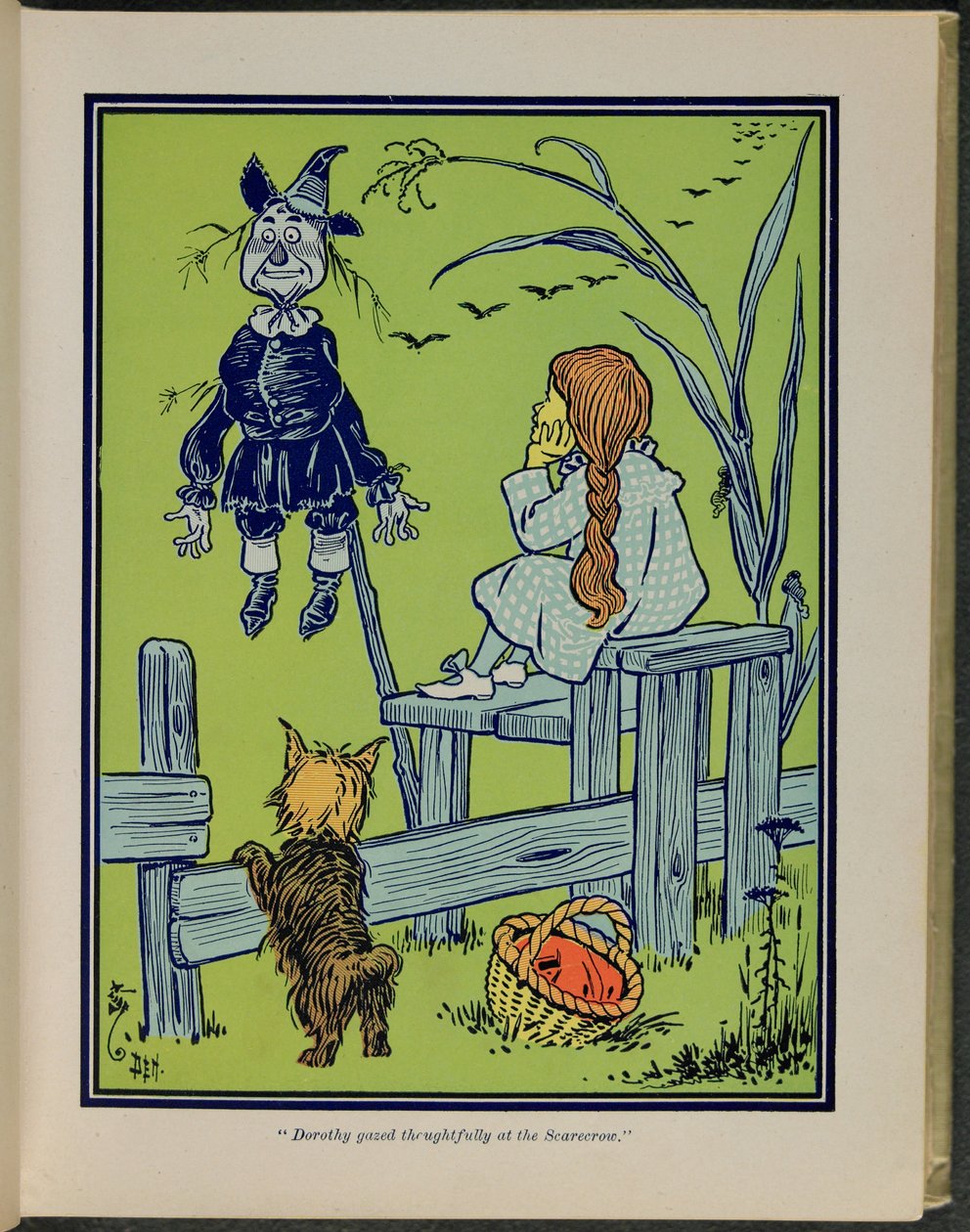 "Dorothy tittar eftertänksamt på fågelskrämman", Illustration från "Den underbara trollkarlen från Oz" av Lyman Frank Baum av William Wallace Denslow