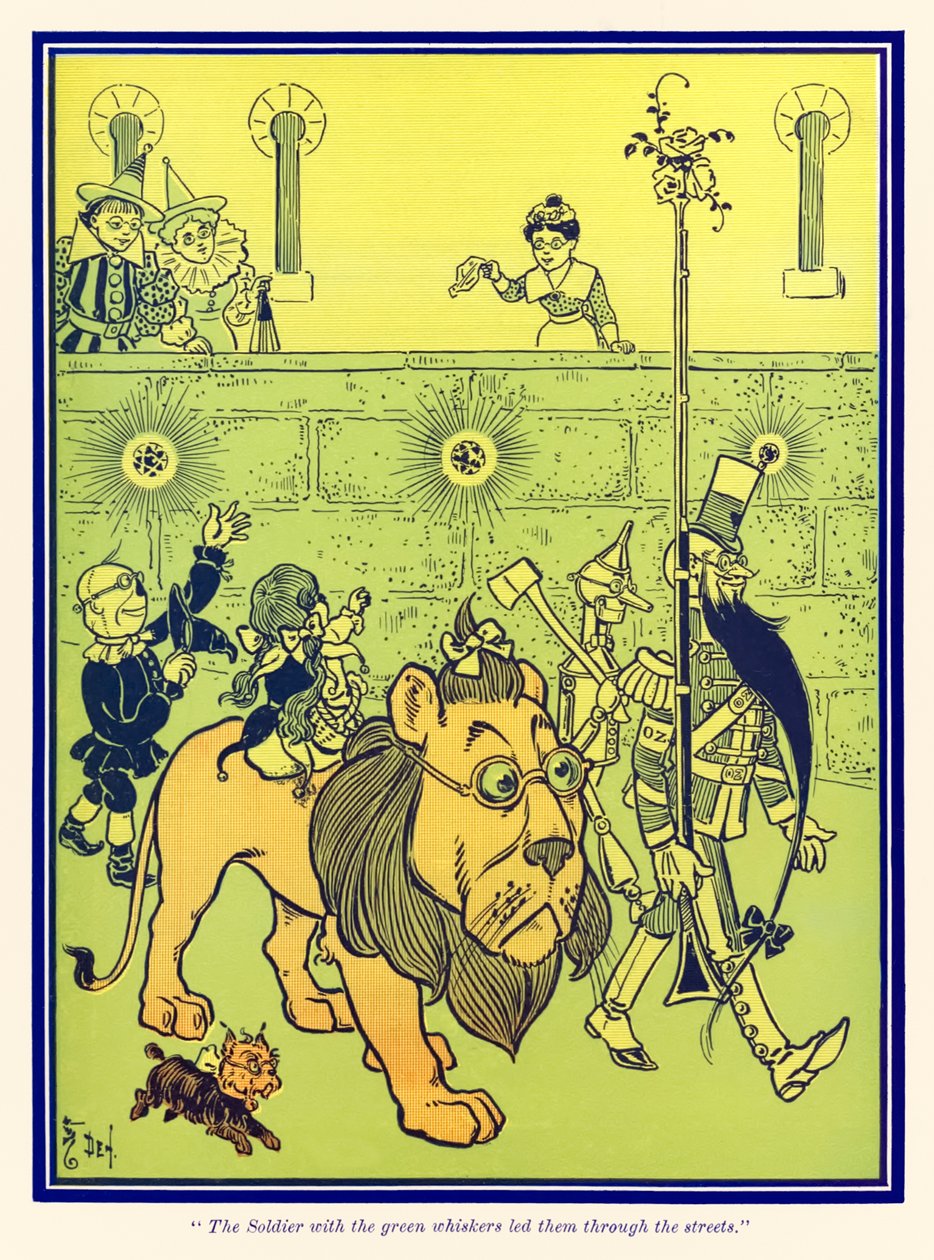 Soldaten med de gröna morrhåren ledde dem genom gatorna. från Den underbara trollkarlen från Oz av L. Frank Baum av William Wallace Denslow