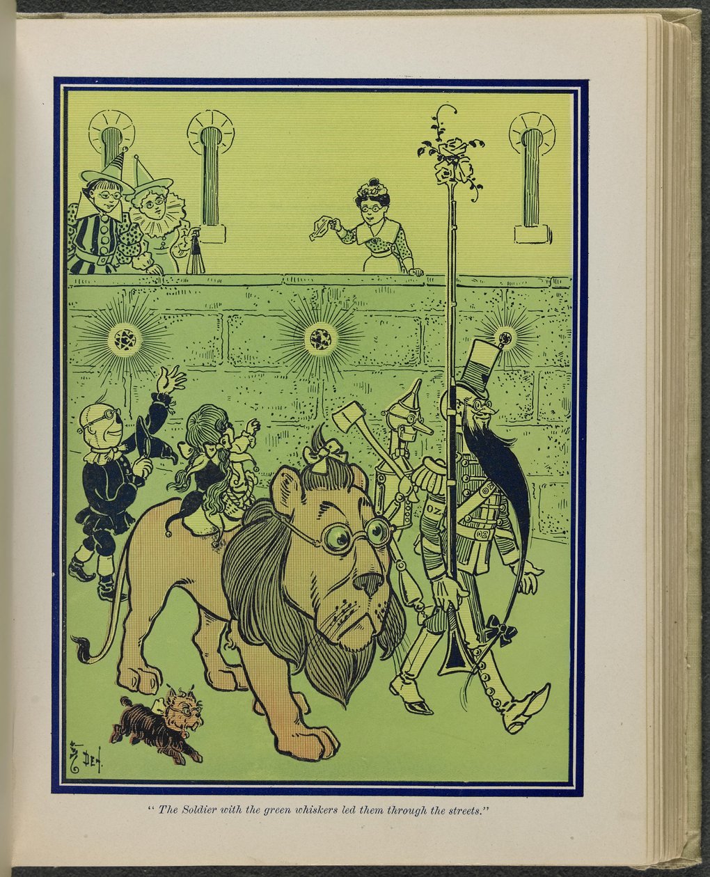 "Soldaten med de gröna morrhåren ledde dem genom gatorna", illustration från "Den underbara trollkarlen från Oz" av Lyman Frank Baum av William Wallace Denslow