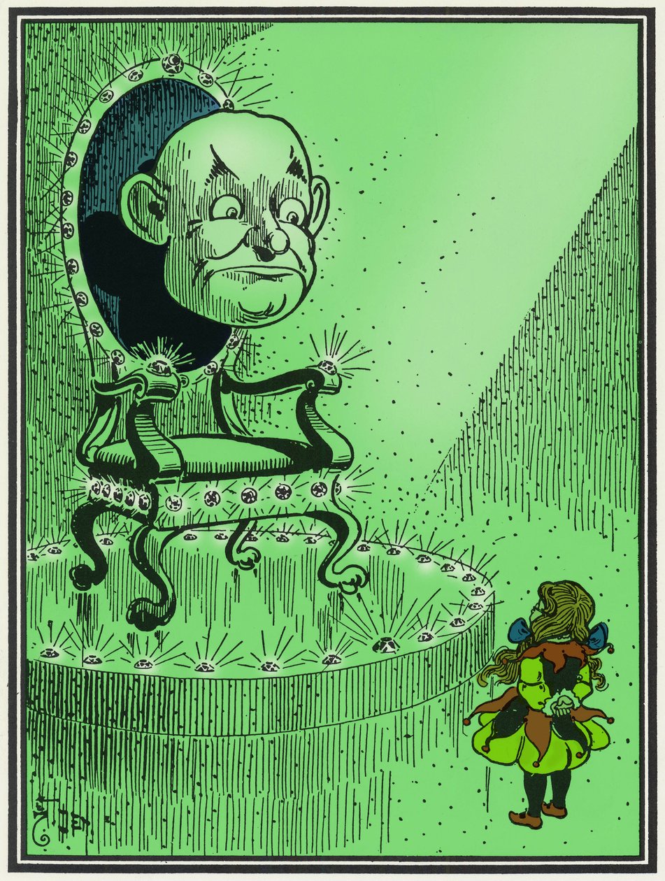 Trollkarlen från Oz: Dorothee (Dorothy) befinner sig i Emerald Cites kungliga sal framför Trollkarlen från Oz. Illustration av William Wallace Denslow (1856-1915) för Frank Lyman Baums berättelse "Trollkarlen från Oz" (1856-1919) av William Wallace Denslow