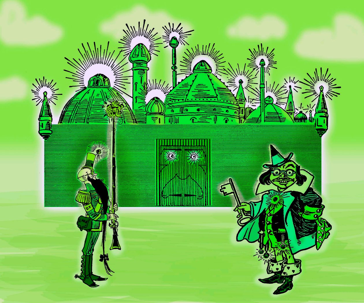 The Wonderful Wizard of Oz - The Wizard of Oz: Redigering av tre bilder av Denslow, William Wallace (1856-1915) för den första upplagan 1900 av Frank Baums bok (1856-1919) - The Emerald City and its two Guardians - färg grön , grön - The Emerald City - av William Wallace Denslow