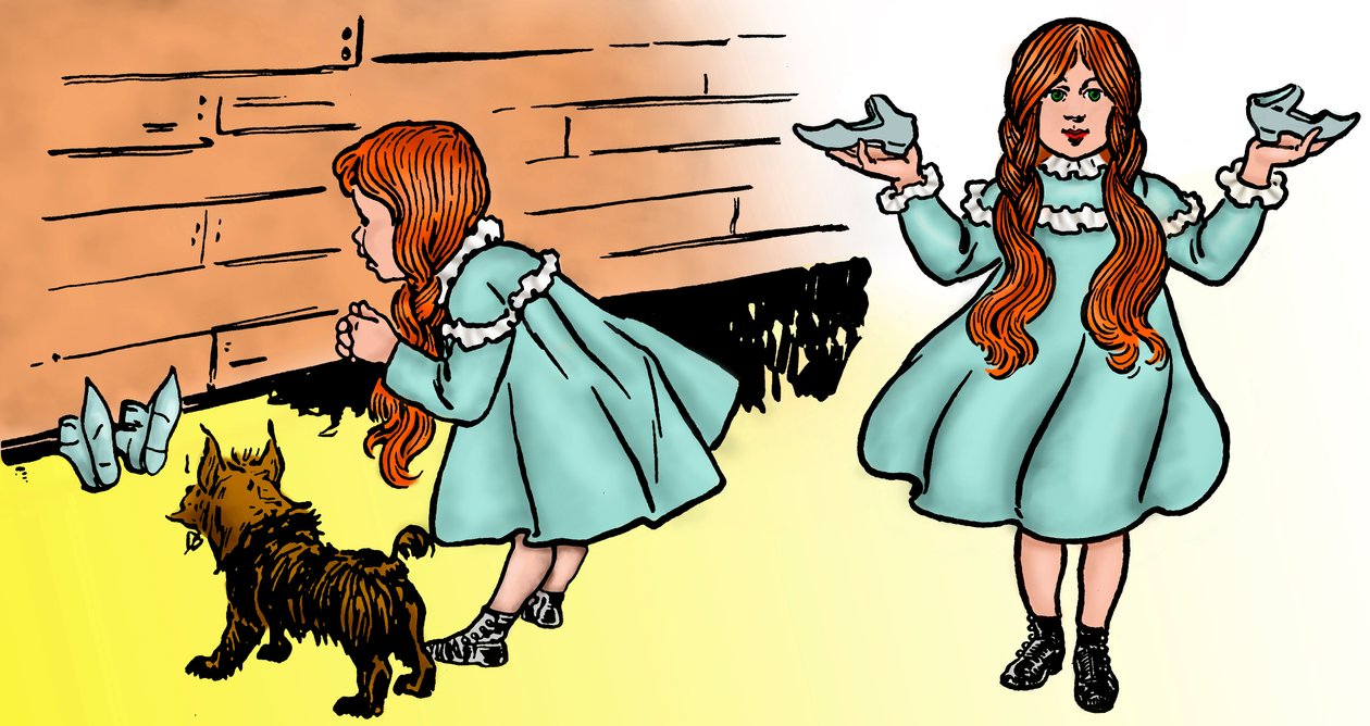 The Wonderful Wizard of Oz - The Wizard of Oz: Redigering av två bilder av Denslow, William Wallace (1856-1915) gjorda för den första upplagan 1900 av Frank Baums bok (1856-1919) - Dorothee (Dorothy), tillsammans med sin hund Toto , återhämtar sig den magi av William Wallace Denslow