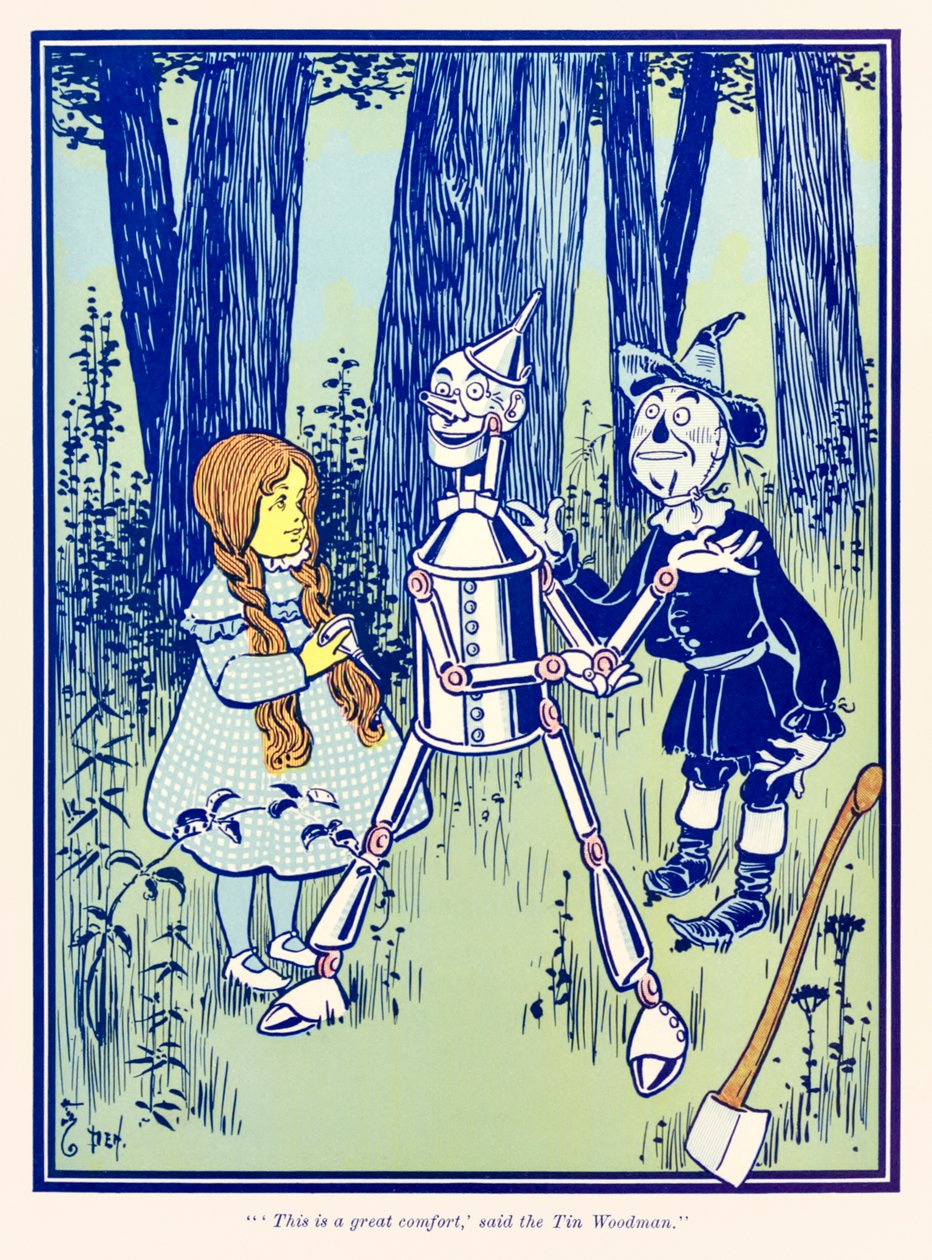 ??Detta är en stor tröst,? sa plåtskogsmannen.? från ?The Wonderful Wizard of Oz? av L. Frank Baum av William Wallace Denslow
