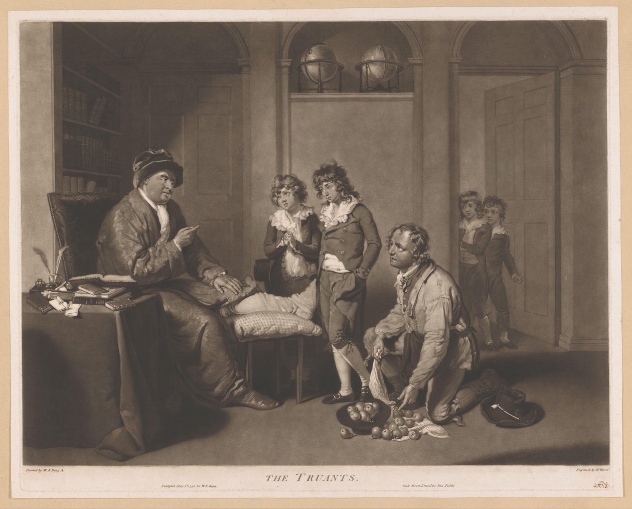 Man skäller ut barn och en knästående man med päron The Truants (titel på objekt) av William Ward
