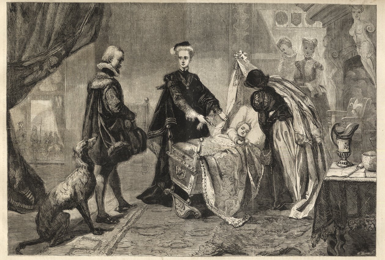 Queen Mary lämnar Stirling Castle - Marie Stuart (Marie I av Skottland) framför sin sons vagga (Jacques Stuart, Jacques VI och jag av William Ward