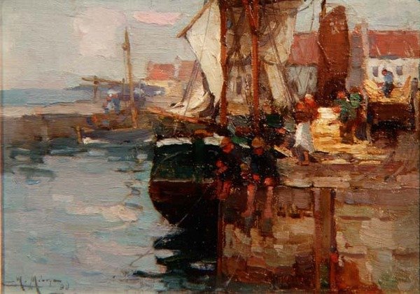 Fiske på kajen av William Watt Milne