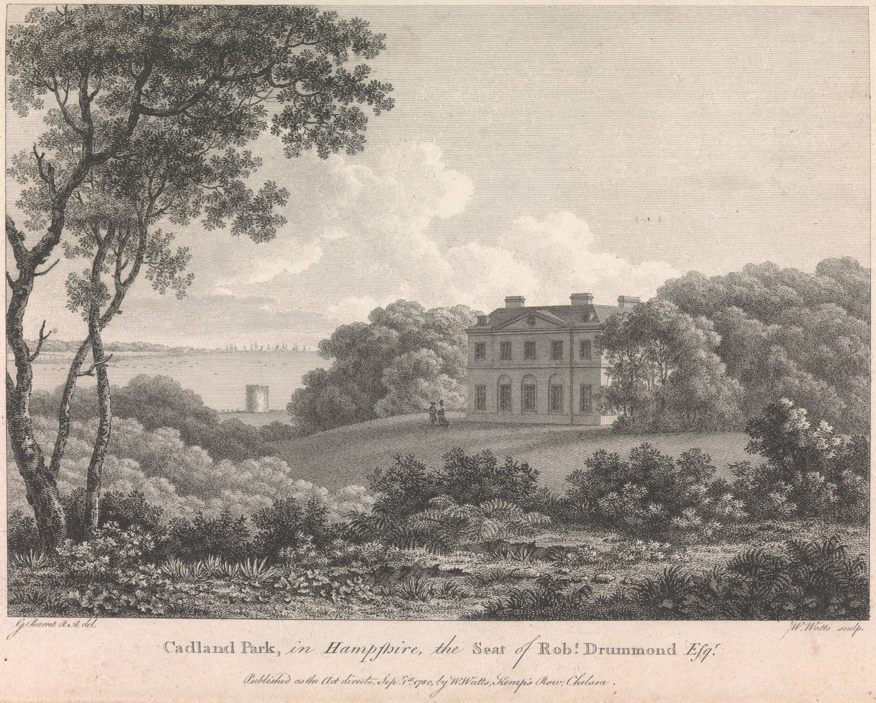 Cadland Park, i Hampshire, säte för Robert Drummond, Esquire (utgiven av W. Watts); sida 56 (volym ett) av William Watts