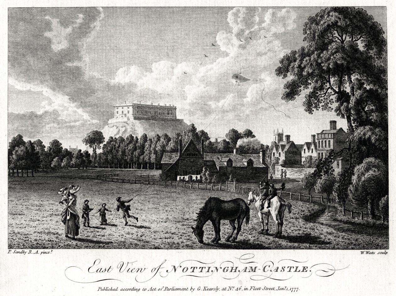 Östlig utsikt över Nottingham Castle, Nottinghamshire, 1777 av William Watts
