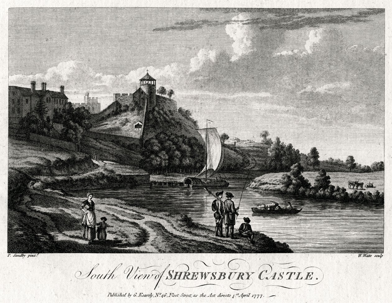 Södervy av Shrewsbury Castle, Shropshire, 1777 av William Watts