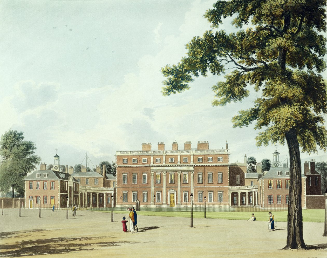 Buckingham House, från "The History of the Royal Residences", graverat av Thomas Sutherland (f.1785), av William Henry Pyne (1769-1843), 1819 av William Westall