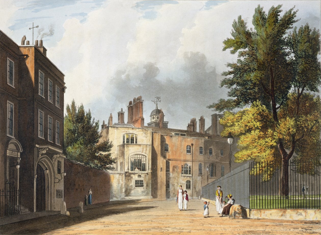Charter House från torget, från "History of Charter House School", del av "History of the Colleges", graverad av Joseph Constantine Stadler (fl.1780-1812), utgiven av R. Ackermann, 1816 (akvatint). av William Westall