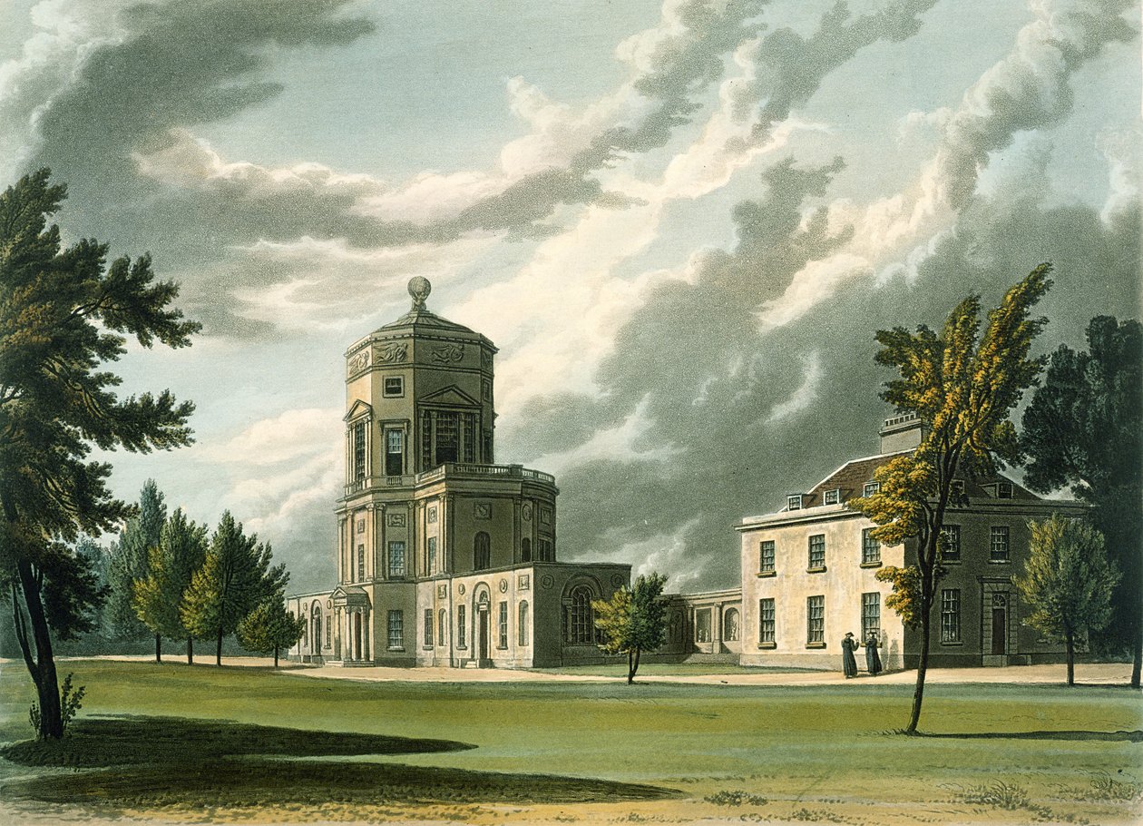 Exteriör av The Astronomical Observatory, illustration från History of Oxford, graverad av Joseph Constantine Stadler (fl.1780-1813) pub. av R. Ackermann, 1813 (akvatint) av William Westall