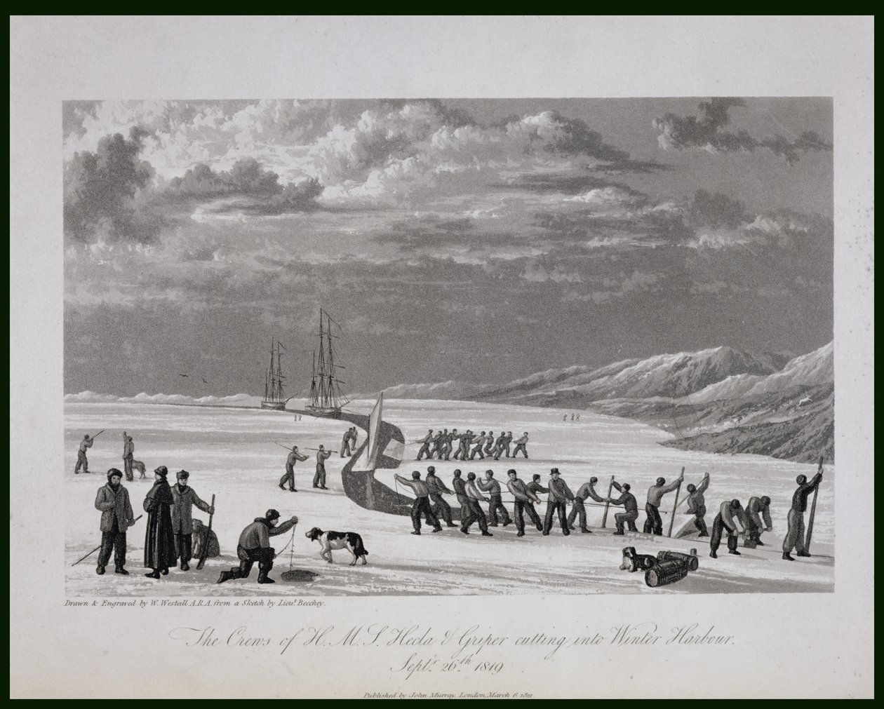 Besättningarna på H.M.S. Hecla und Griper skär in i Winter Harbour, 26 september 1819, från "Journal of a Voyage for the Discovery of a North West Passage from the Atlantic to the Pacific" framförd i t. av William Westall