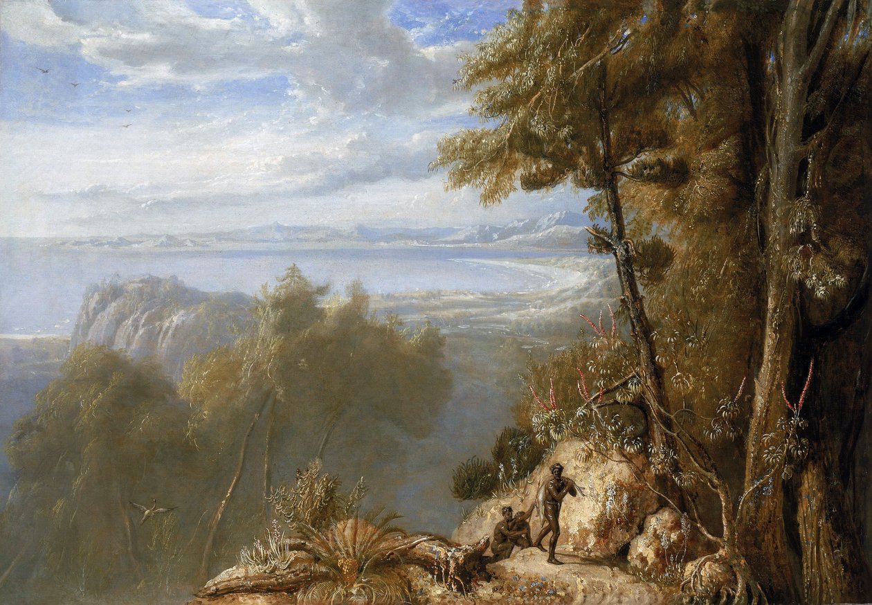 Vy över Port Bowen (Australien), augusti 1802, under Matthew Flinders (1774-1814) expedition på Investigator mellan 1801 och 1803, för att kartlägga de södra länderna, målaren var med på expeditionen av William Westall