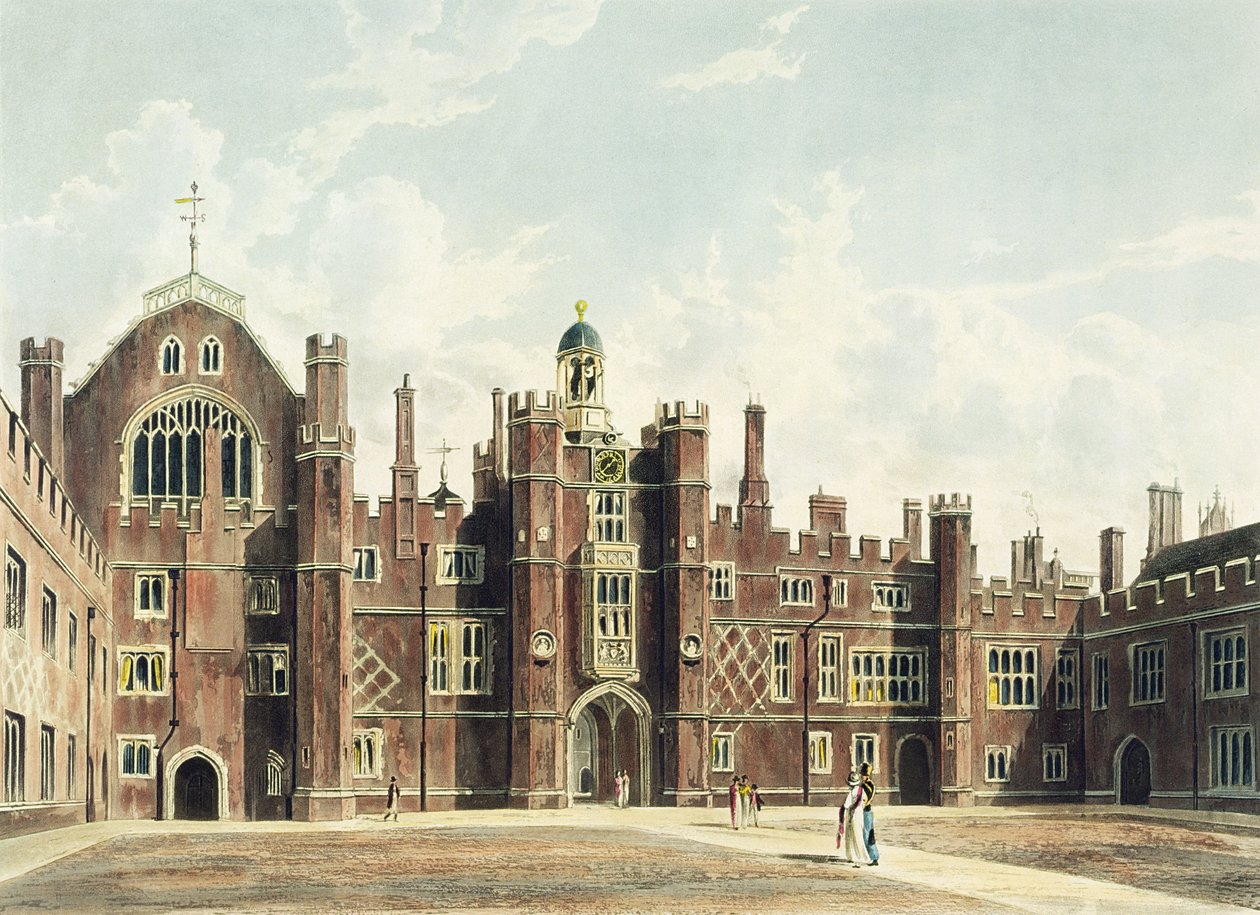 Utsikt över fyrkanten vid Hampton Court Palace från Pynes "Royal Residences" graverad av Thomas Sutherland (f.c.1785), publicerad 1819 av William Westall
